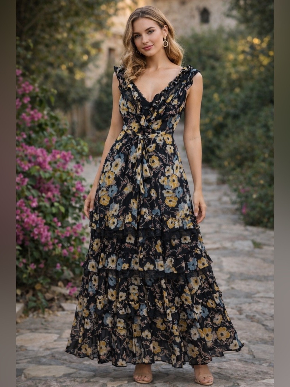 Altered Lauren Ralph Lauren Black Floral Maxi Dress with Yellow and Blue Flowers
